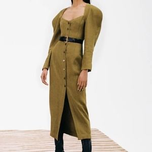Mara Hoffman Olive Green Midi Dress Button Up Puff Sleeve 4